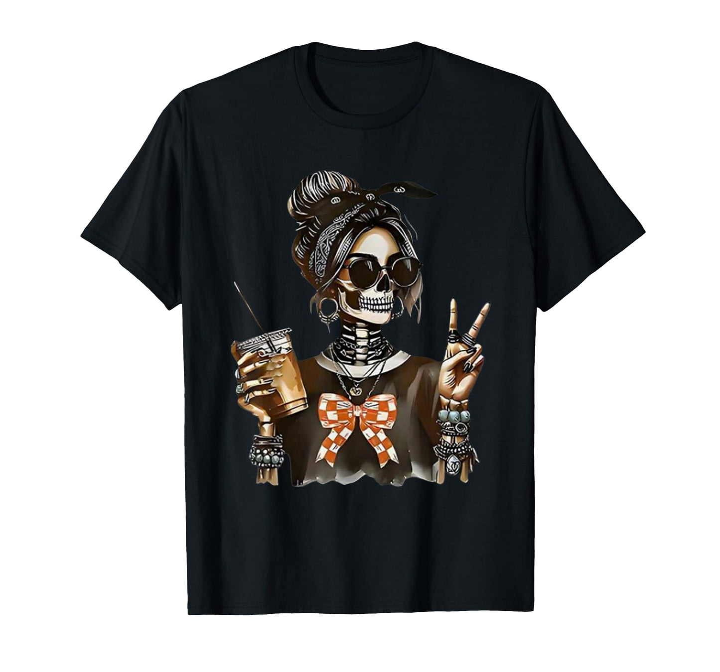 Skeleton Girl Drinking Coffee Peace Sign Graphic for Wome T-Shirt