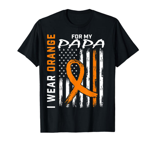 I Wear Orange For My Papa Leukemia Cancer Awareness USA Flag Women Kids Men T-Shirt