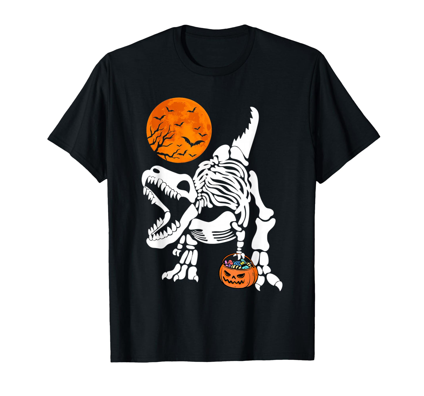 Halloween Dinosaur Skeleton T-rex Scary Pumpkin Moon Boys T-Shirt