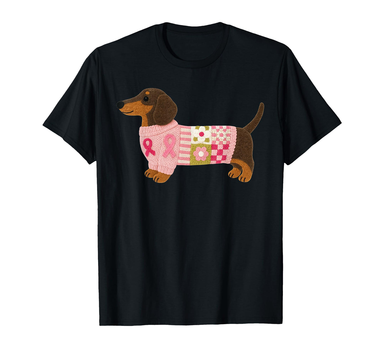 Dachshund Dog Pink Ribbon Breast Cancer Pattern Felt Art T-Shirt