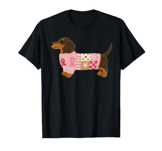 Dachshund Dog Pink Ribbon Breast Cancer Pattern Felt Art T-Shirt