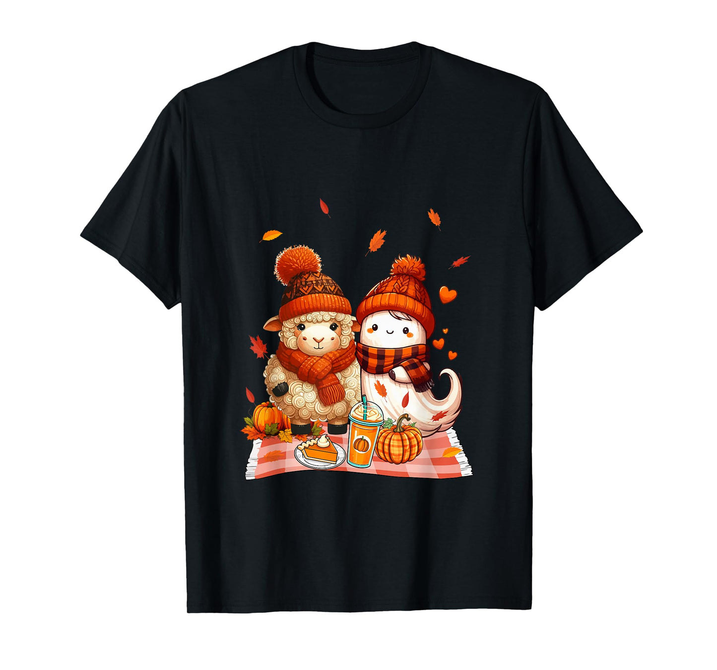 Sheep with Boo Halloween Thanksgiving Fall Leaves Pumpkins T-Shirt