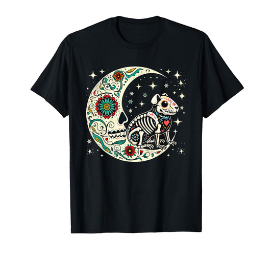 Dia De Los Muertos Halloween Moon Floral Skeleton Guinea Pig T-Shirt