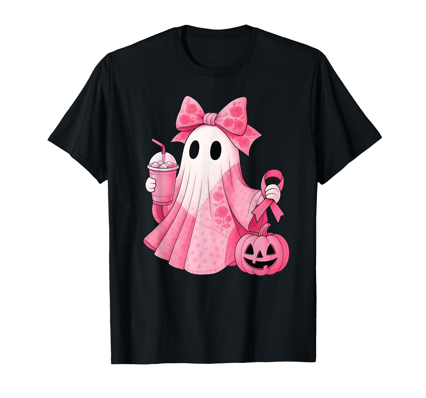 in October We Wear Pink Ghost Witch Breast Cancer Awareness T-Shirt