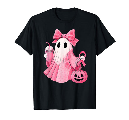 in October We Wear Pink Ghost Witch Breast Cancer Awareness T-Shirt