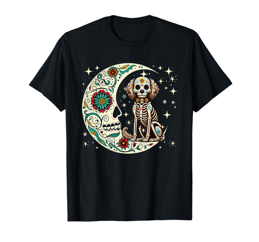 Dia De Los Muertos Halloween Moon Floral Skeleton Sproodle T-Shirt