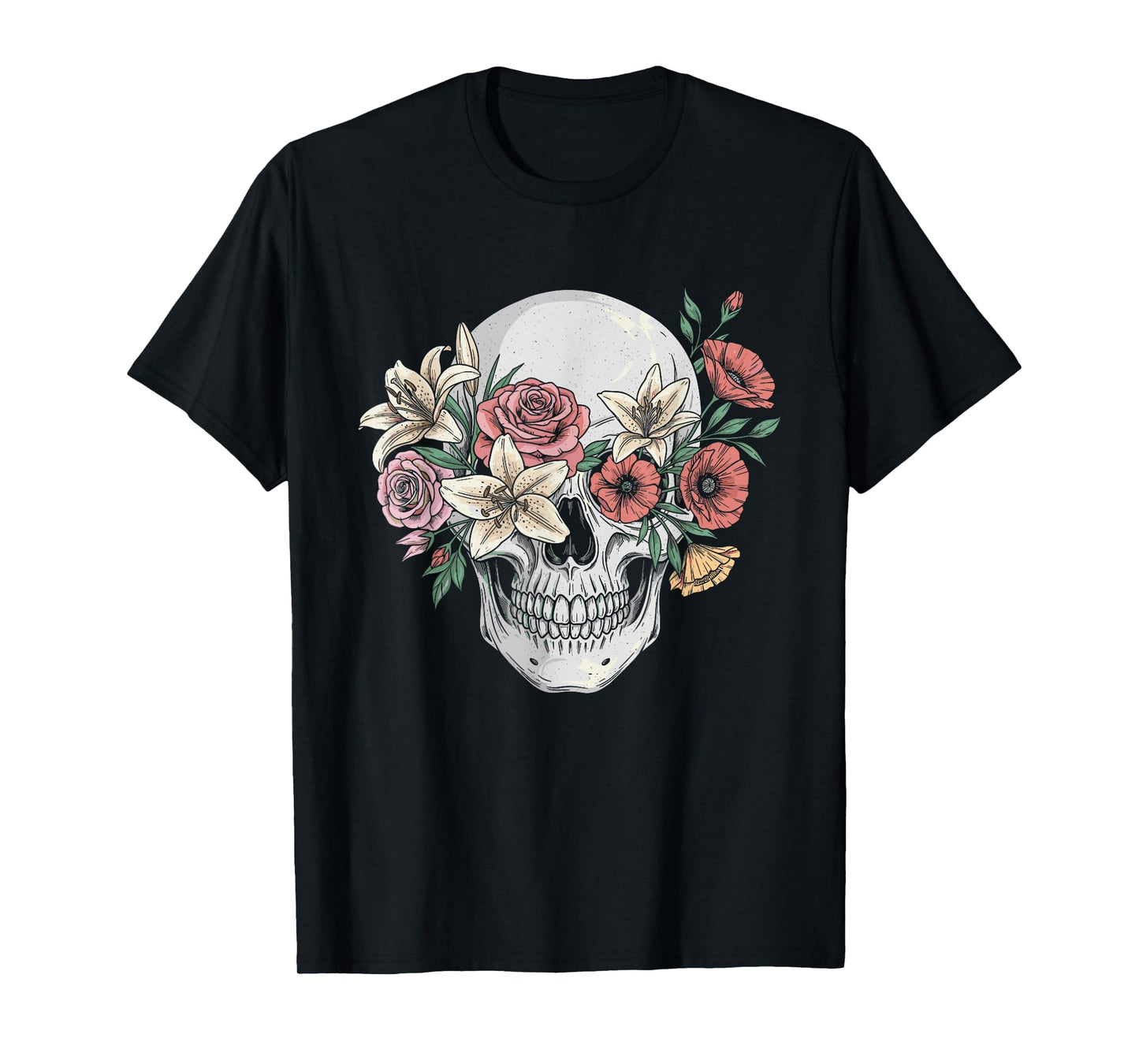 Realistic Skeleton Skull with Flowers Halloween T-Shirt