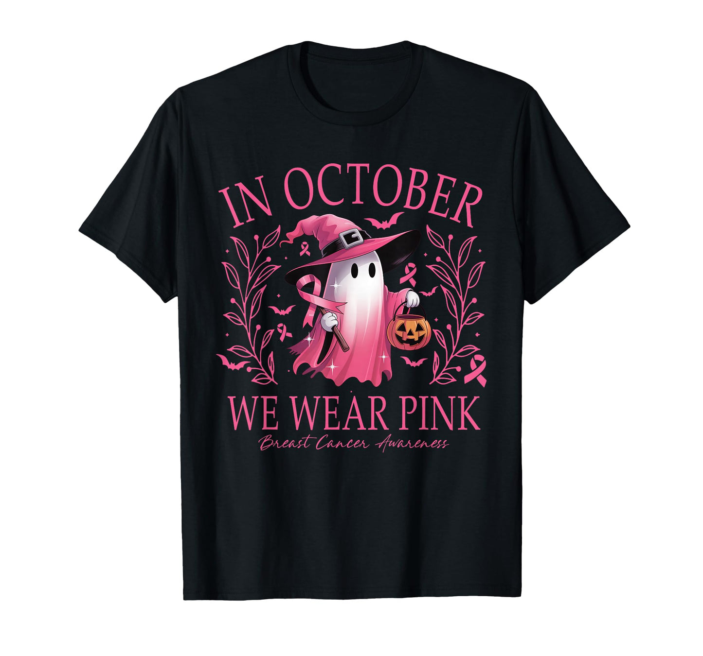 in October We Wear Pink Retro Halloween Pink Ghost T-Shirt