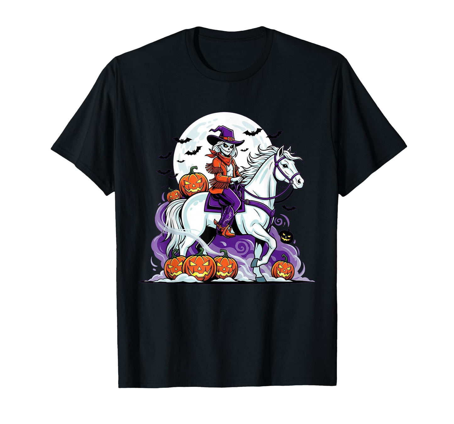 Haunted Cowgirl Skeleton Riding Horse Halloween Moon Pumpkin T-Shirt