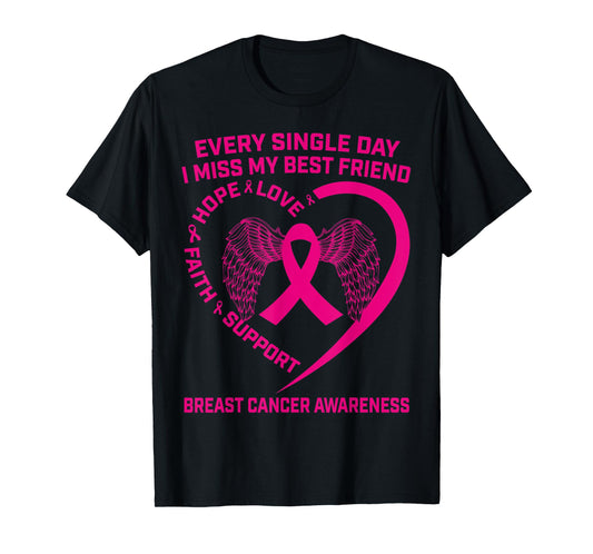 Pink Ribbon Heart Wings Best Friend Breast Cancer Awareness T-Shirt