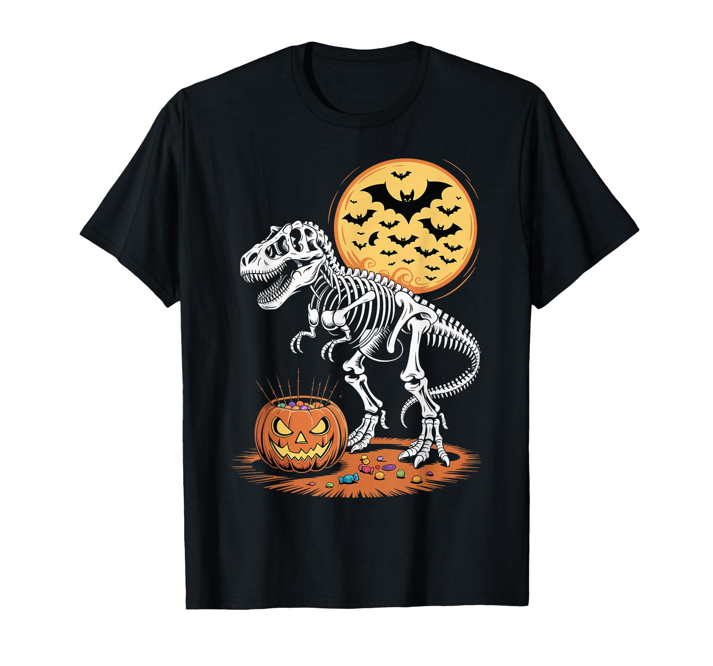 Halloween Dinosaur Skeleton T-Rex Pumpkin Moon Boys T-Shirt