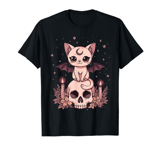 Cute Pink Bat Cat Sitting On Skull Skeleton Candles Design T-Shirt