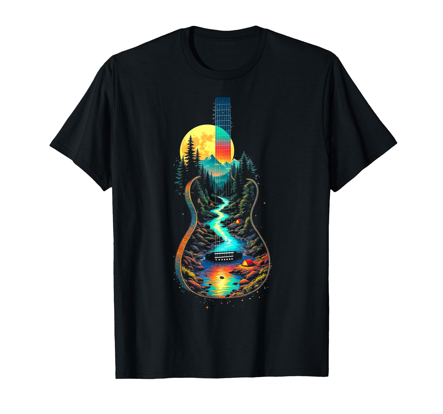 Guitar Lake Reflections Forest Pine Tree Moon Camp Guitarist T-Shirt