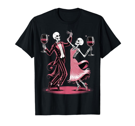 Dancing Skeletons Drinking Wine Funny Halloween Party Tee T-Shirt