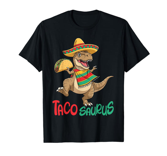 Dancing Dinosaur with Taco Hat & Sombrero Fiesta Tacosaurus T-Shirt