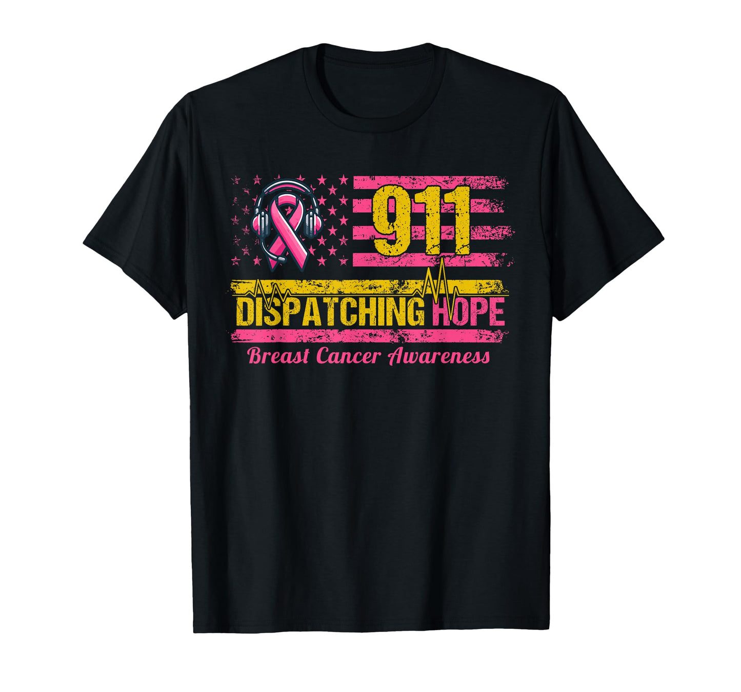 911 Dispatcher Breast Cancer Awareness American Flag T-Shirt