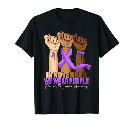 Hand November Wear Purple Ribbon Pancreatic Cancer Awareness T-Shirt