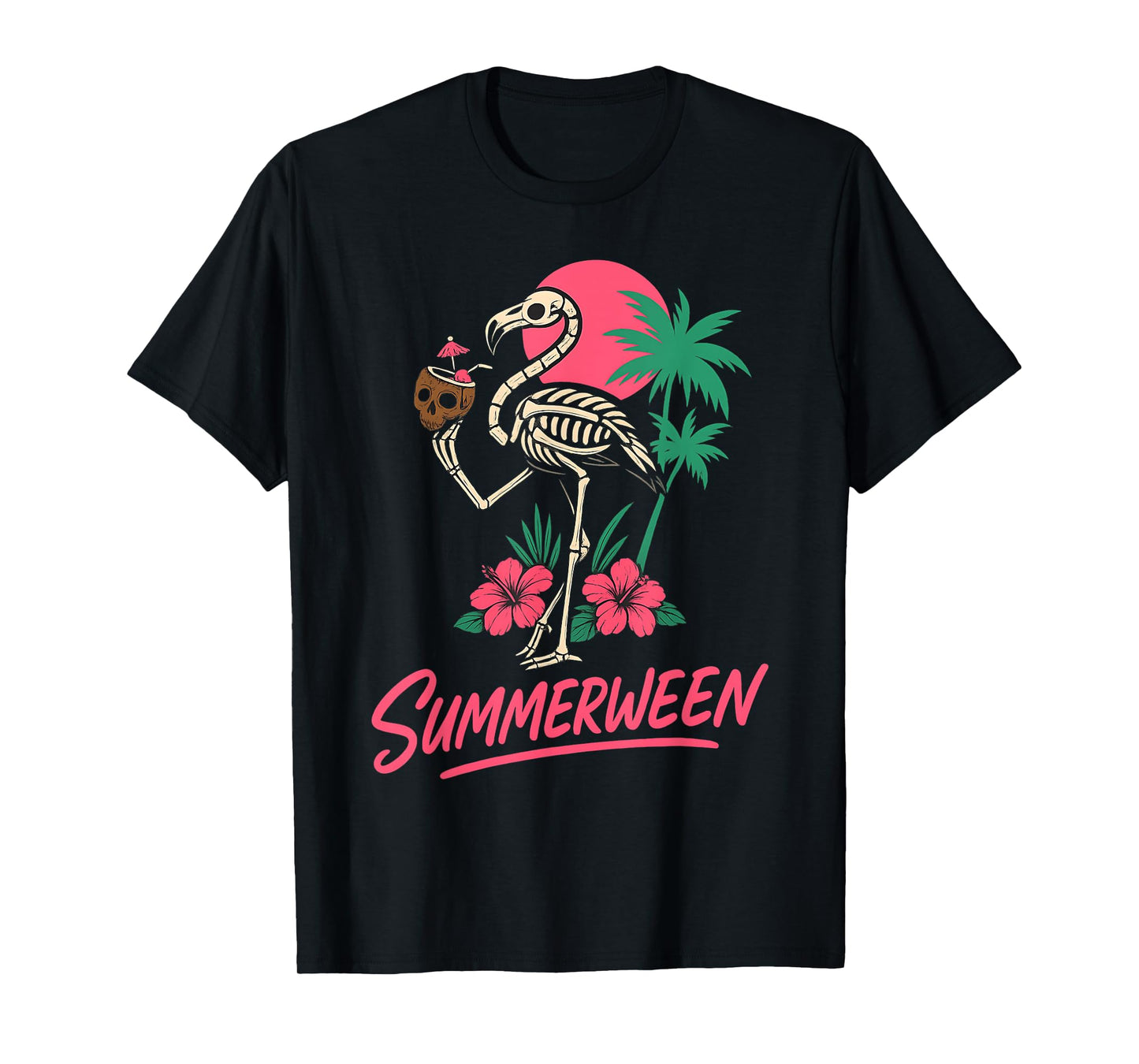 Funny Spooky Summerween Skeleton Flamingo with Coconut Drink T-Shirt