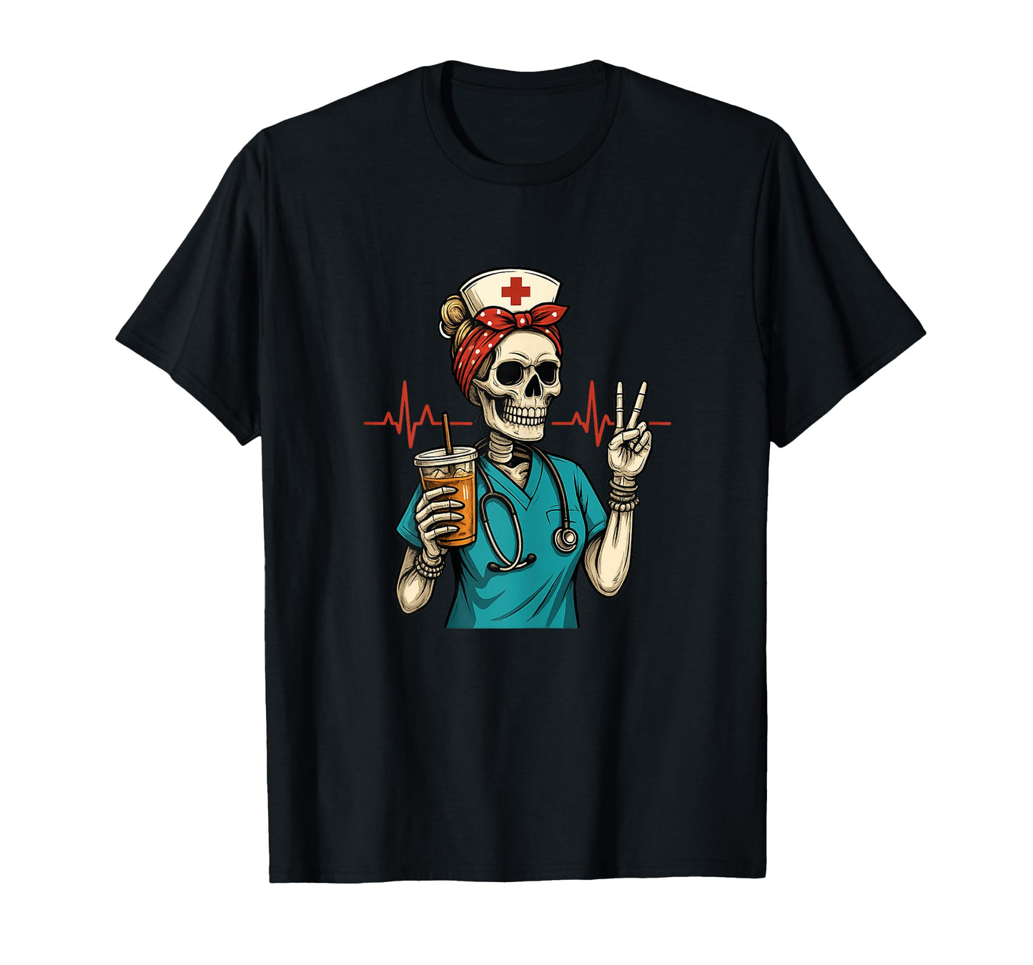 Funny Skeleton Nurse Coffee Lover Halloween T-Shirt