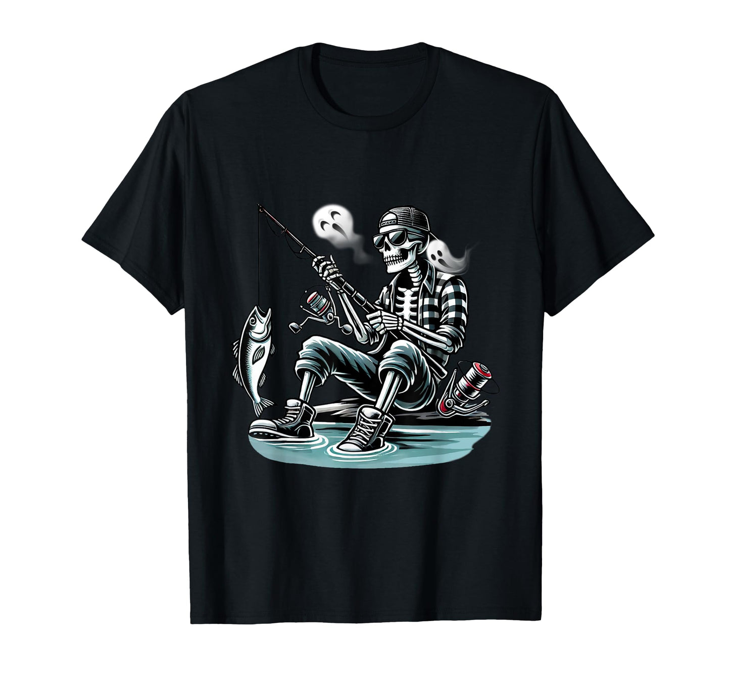 Cute Skeleton Fishing Halloween Ghost Fisherman Boys Men T-Shirt