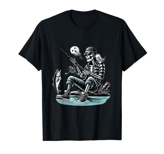 Cute Skeleton Fishing Halloween Ghost Fisherman Boys Men T-Shirt