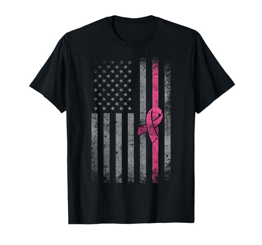 American Flag Vintage Breast Cancer Awareness T-Shirt