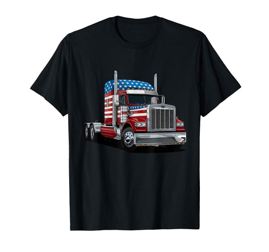 US American Flag Semi Truck Driver Trucker 4th Of July Women Kids Men T-Shirt