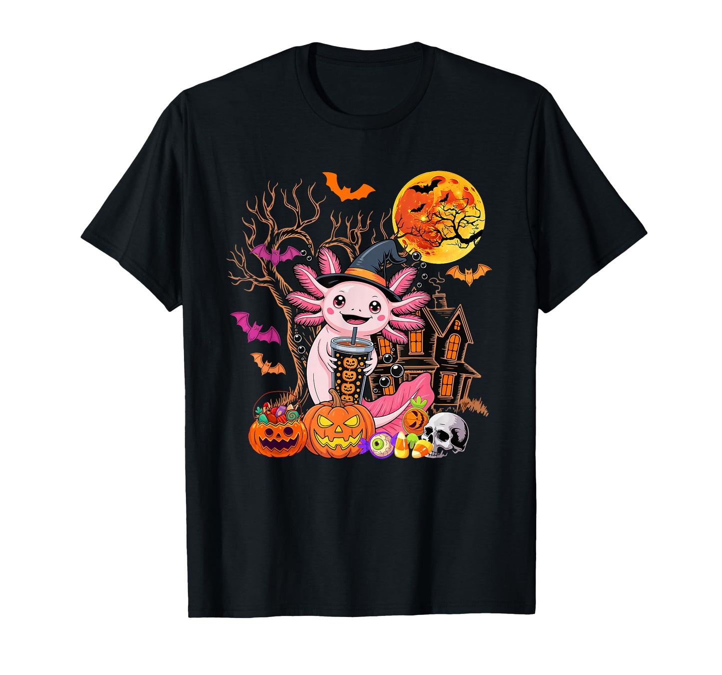 Axolotl As Witch Drinking Coffee Halloween Carved Pumpkin T-Shirt