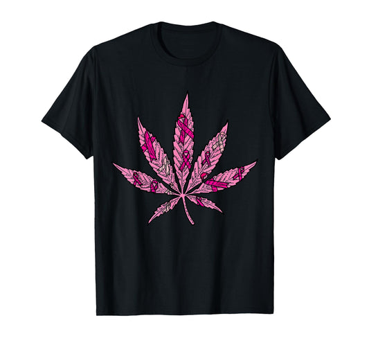 Pink Ribbon Weed Marijuana Cool Breast Cancer Awareness Gift T-Shirt