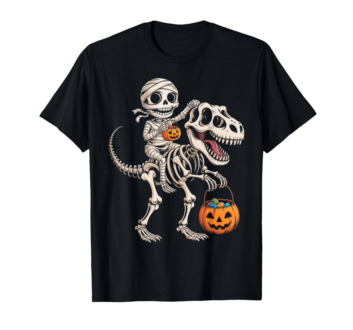 Mummy Skeleton Riding Dinosaur T Rex Kids Boys Men Halloween T-Shirt