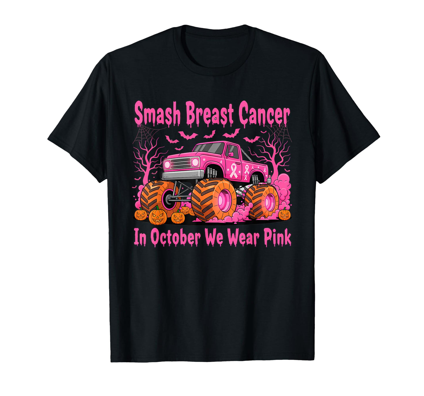 October We Wear Pink Monster Truck Halloween Breast Cancer T-Shirt