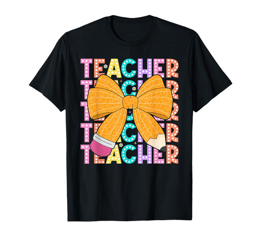 Cute Coquette Bow Teacher Happy First Day Back To School T-Shirt