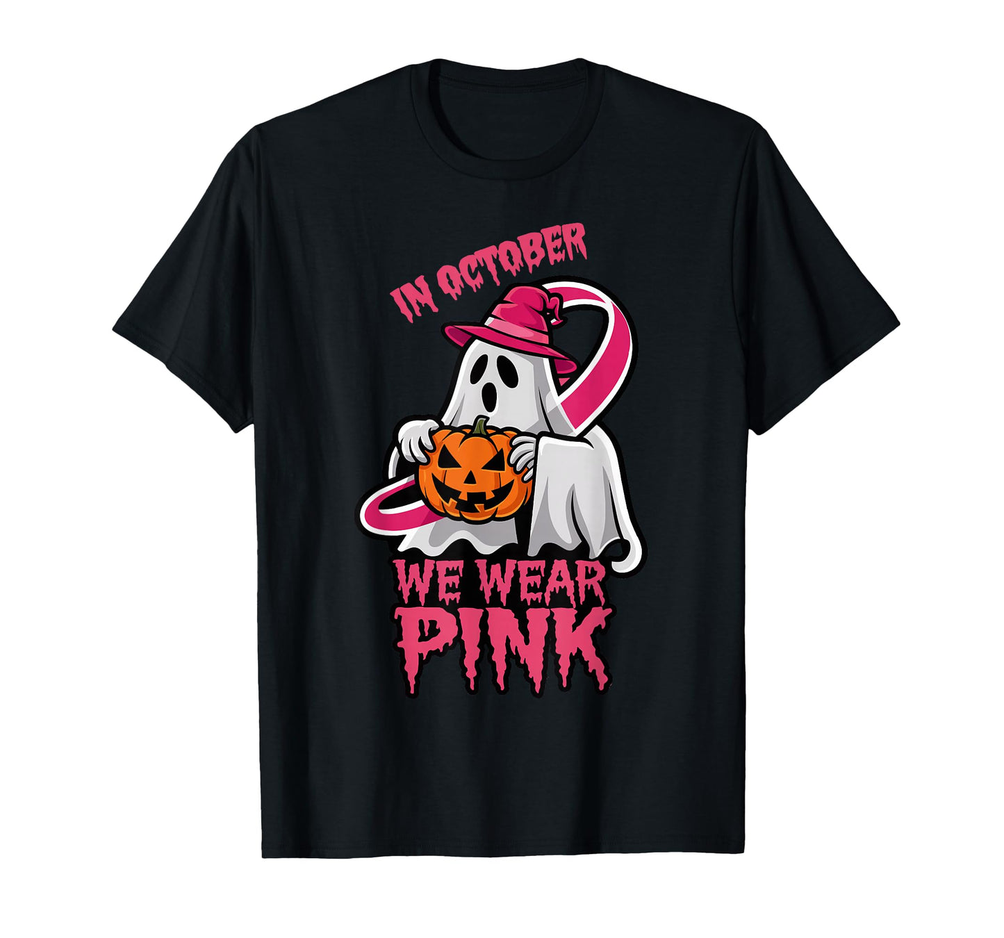 Ghost Witch in October We Wear Pink Breast Cancer Awareness T-Shirt