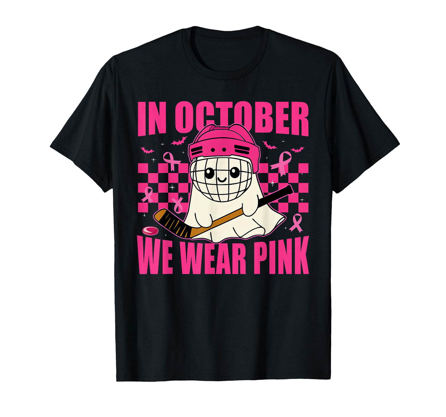 in October We Wear Pink Hockey Ghost Breast Cancer Awareness T-Shirt