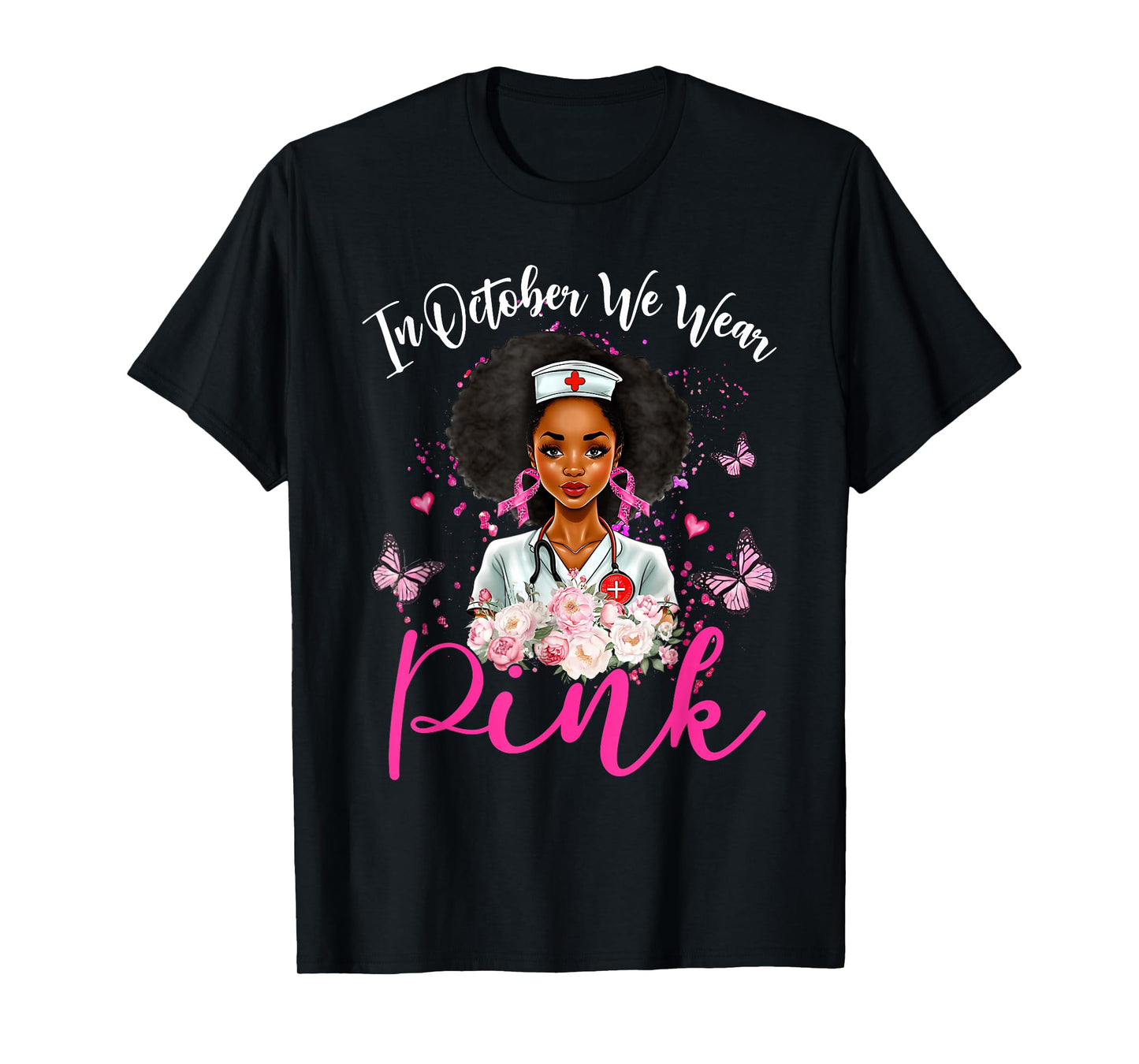 in October We Wear Pink Black Women Breast Cancer Awareness T-Shirt