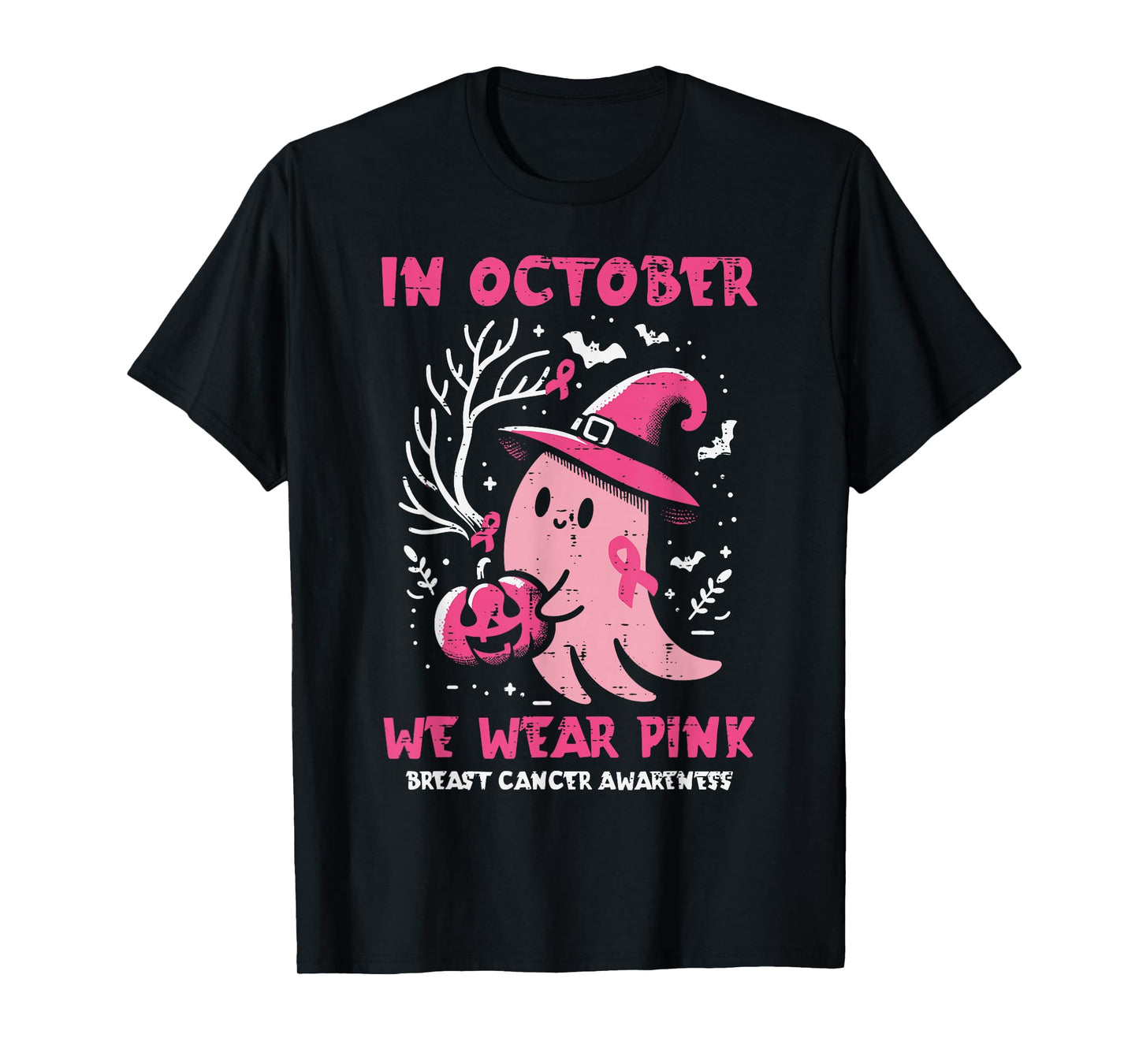 Breast Cancer Ghost Witch October Pink Aware Women Girls Kid T-Shirt