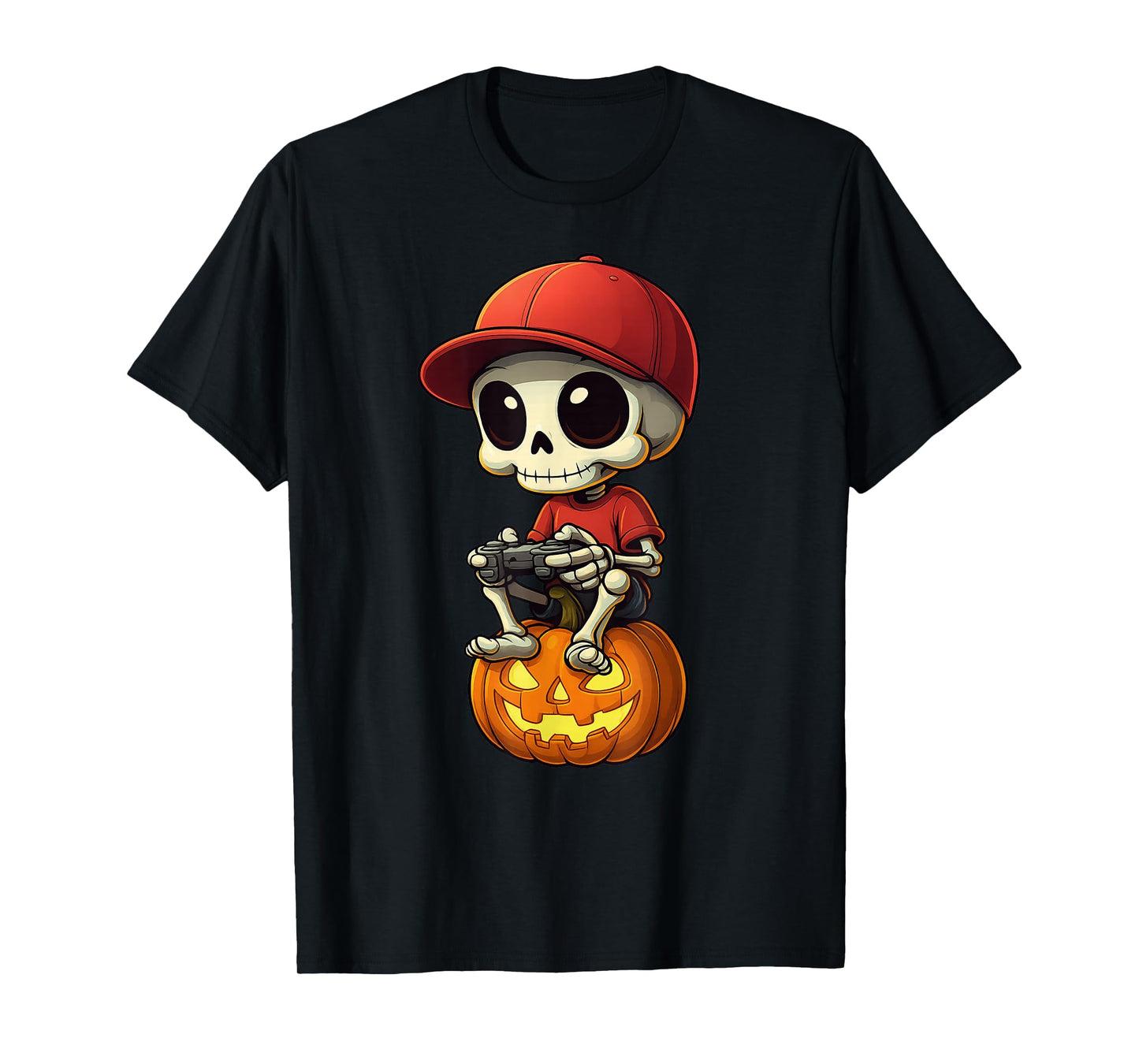 Pumpkin Halloween Skeleton Gamer Video Gaming Boys Men Kids T-Shirt