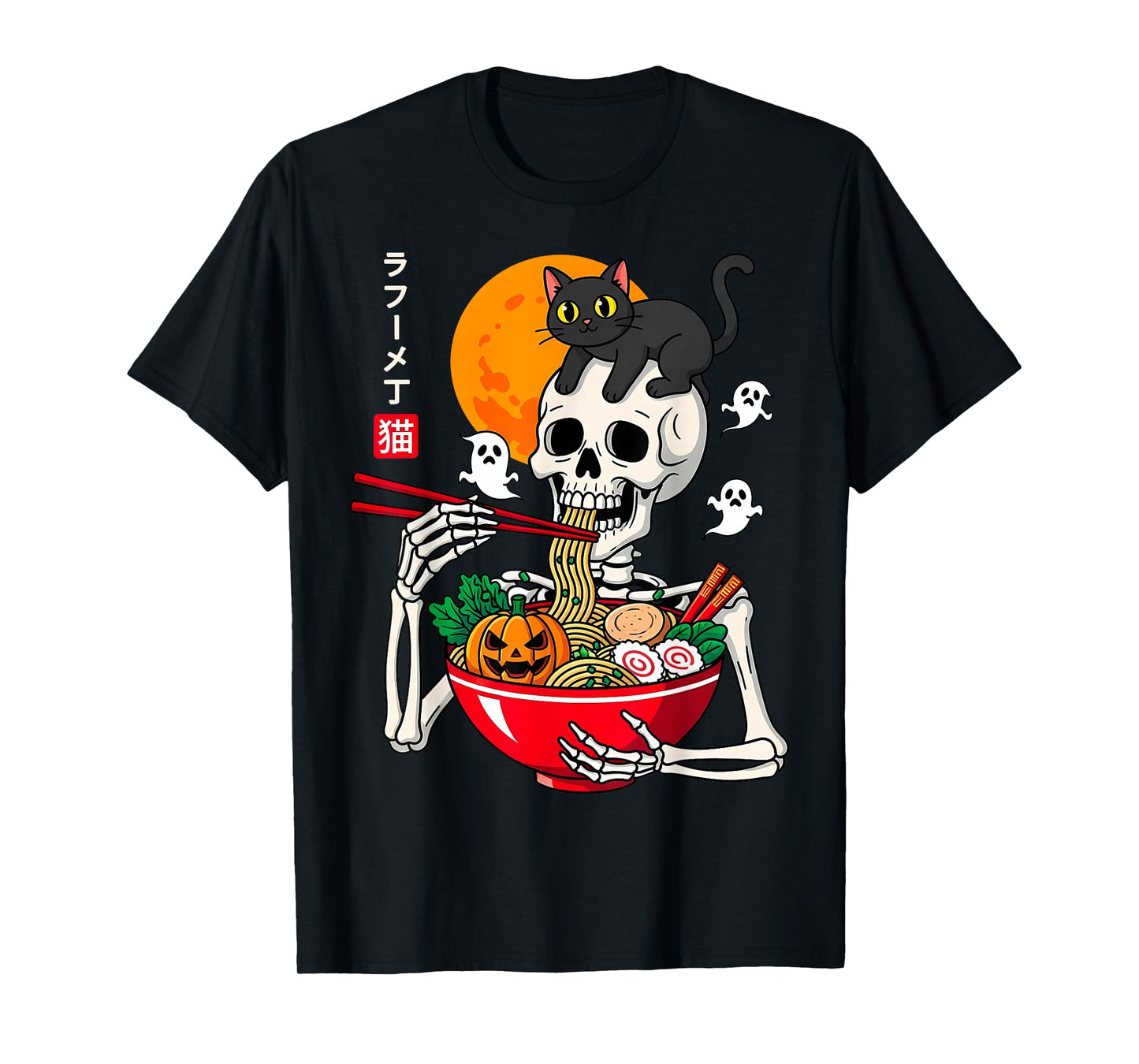 Spooky Skeleton Eating Ramen with Cat Halloween T-Shirt