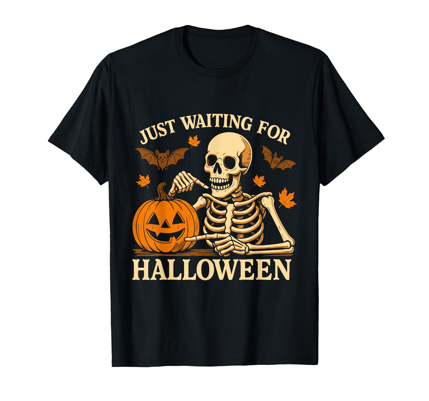 Just Waiting for Halloween Funny Skeleton Cool Pumpkin Art T-Shirt