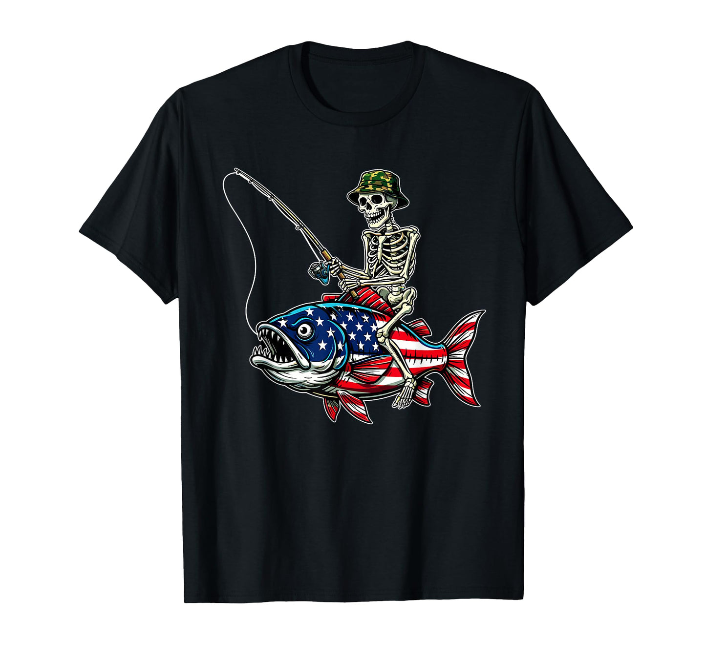 Fishing American Flag Skull Skeleton Patriotic Bass T-Shirt