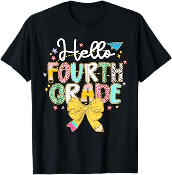 Preppy Hello 4th Grade Teacher Coquette Bow Back To School T-Shirt
