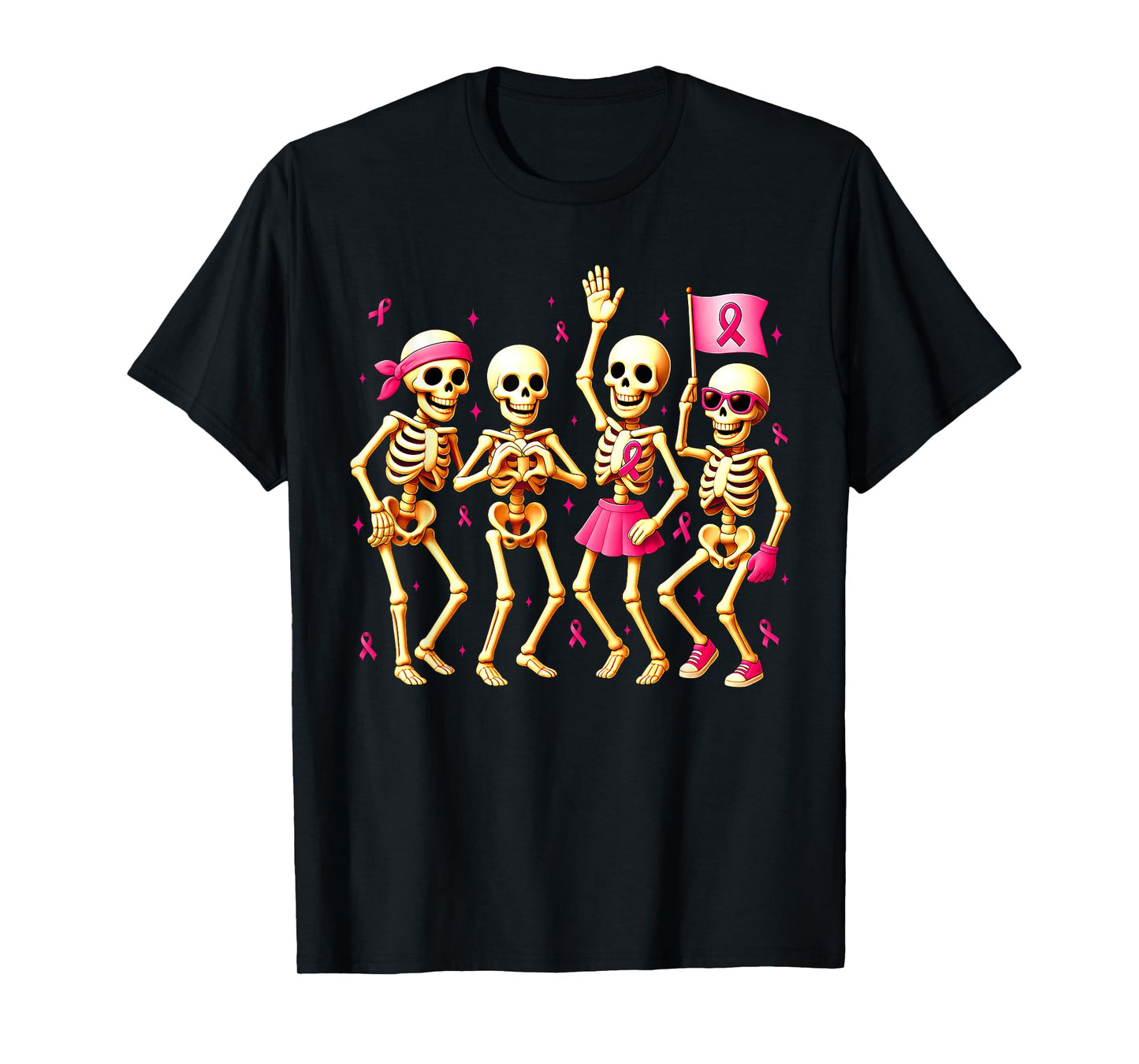 Breast Cancer Awareness Skeletons & Pink Ribbons Halloween T-Shirt
