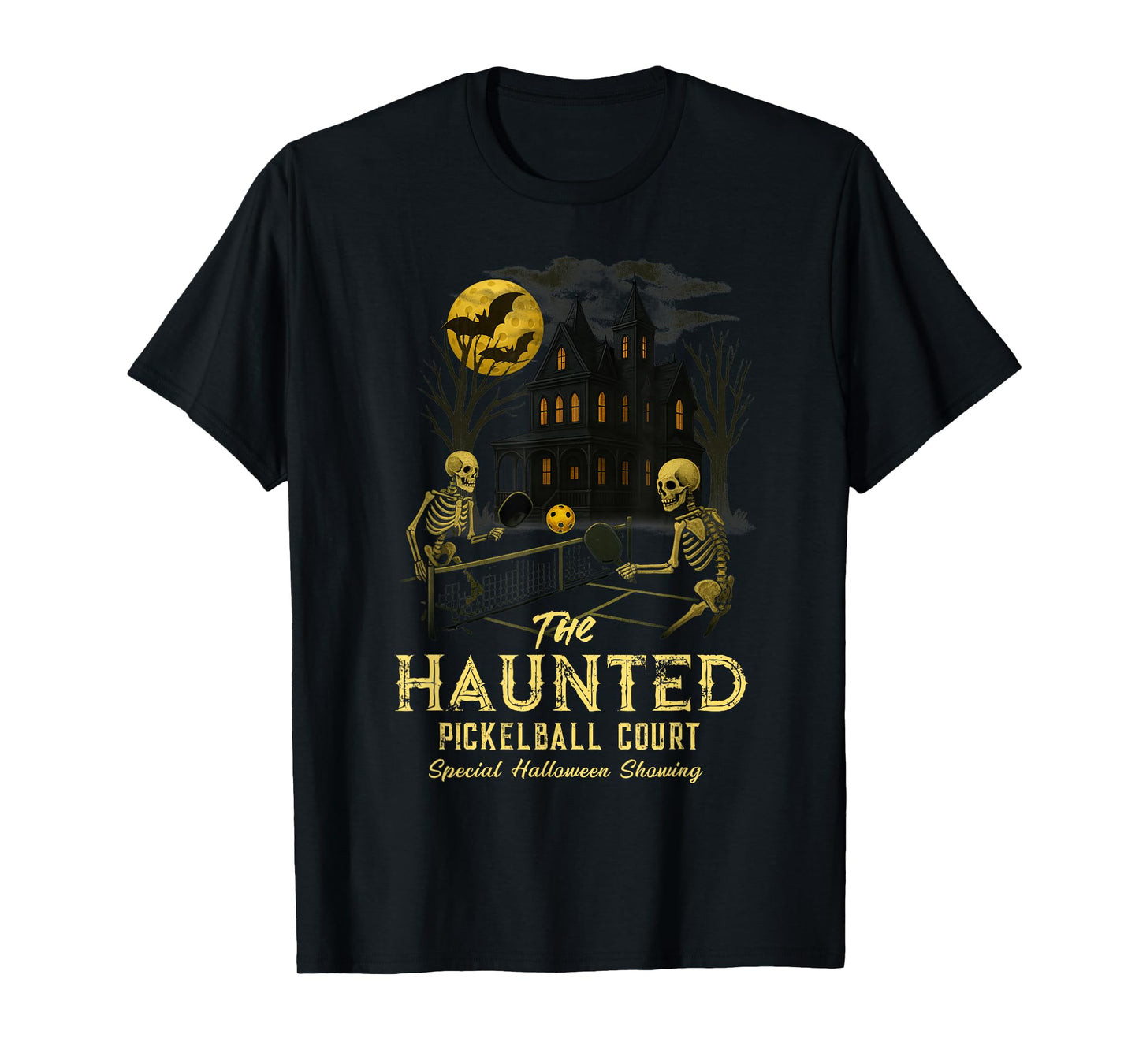 Haunted Pickleball Court Skeleton Halloween T-Shirt