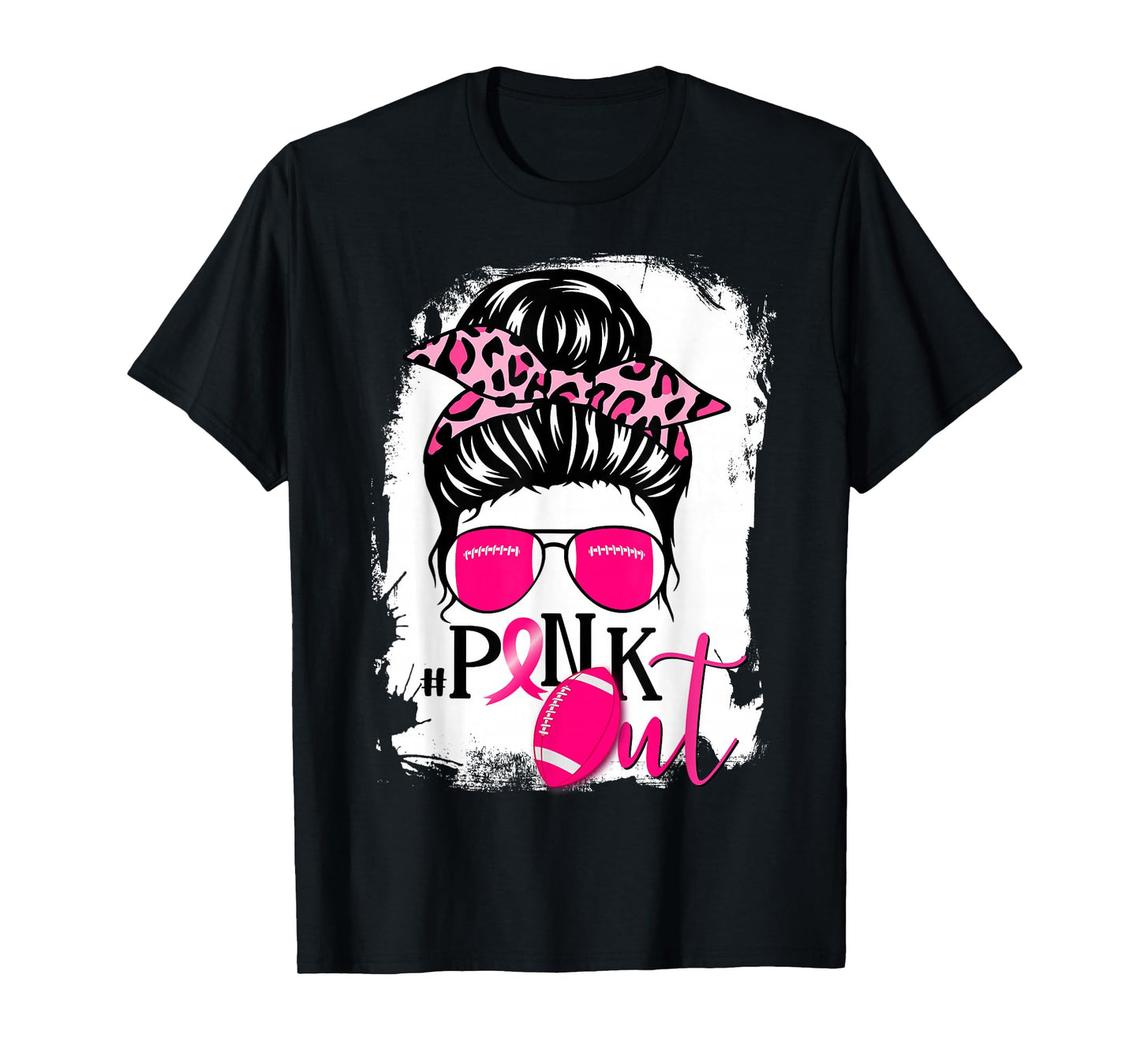 Bleached Pink Out Football Mom Messy Bun Pink Breast Cancer T-Shirt