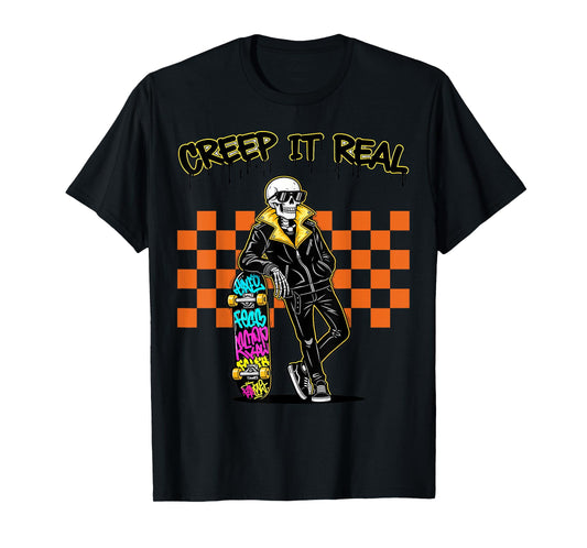 Creep It Real Spooky Ghost Skeleton Skateboarder Halloween T-Shirt