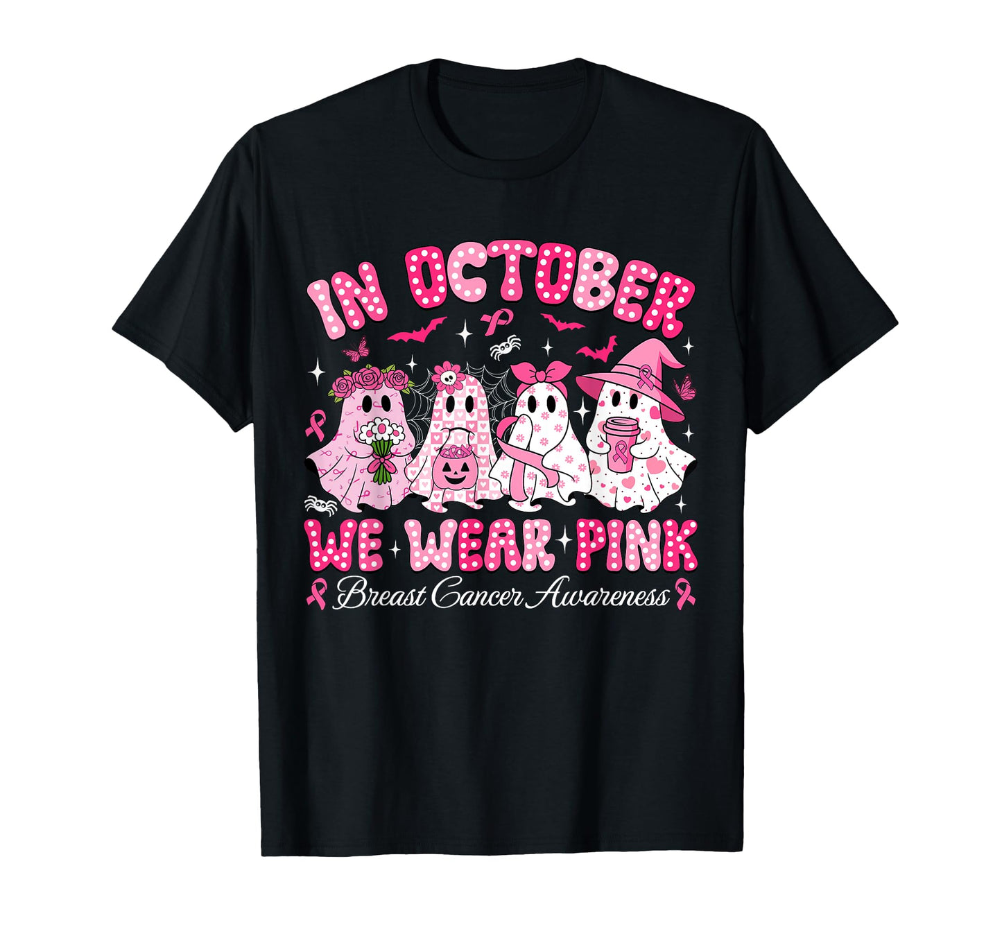 in October We Wear Pink Ghost Witch Breast Cancer Awareness T-Shirt
