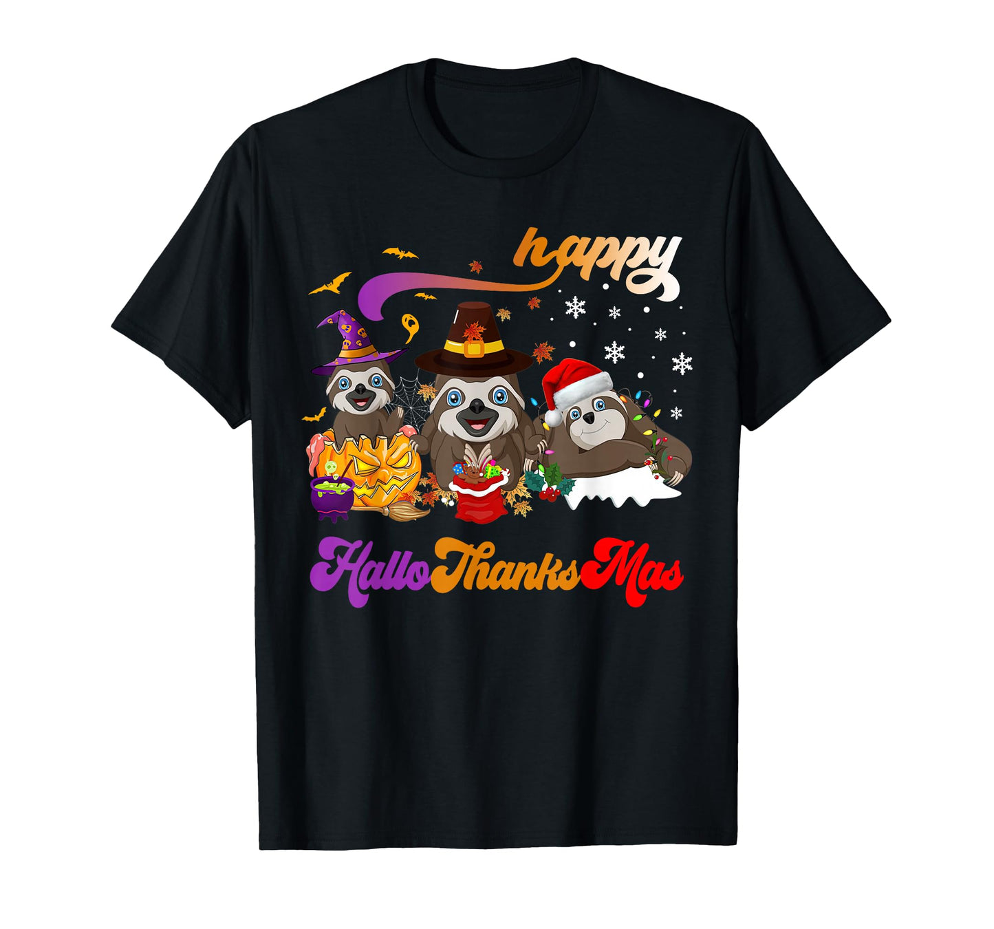 Sloths Halloween Thanksgiving Christmas Happy Hallothanksmas T-Shirt
