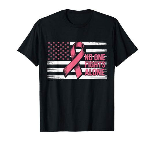 No One Fights Breast Cancer Alone American Flag Pink Ribbon T-Shirt