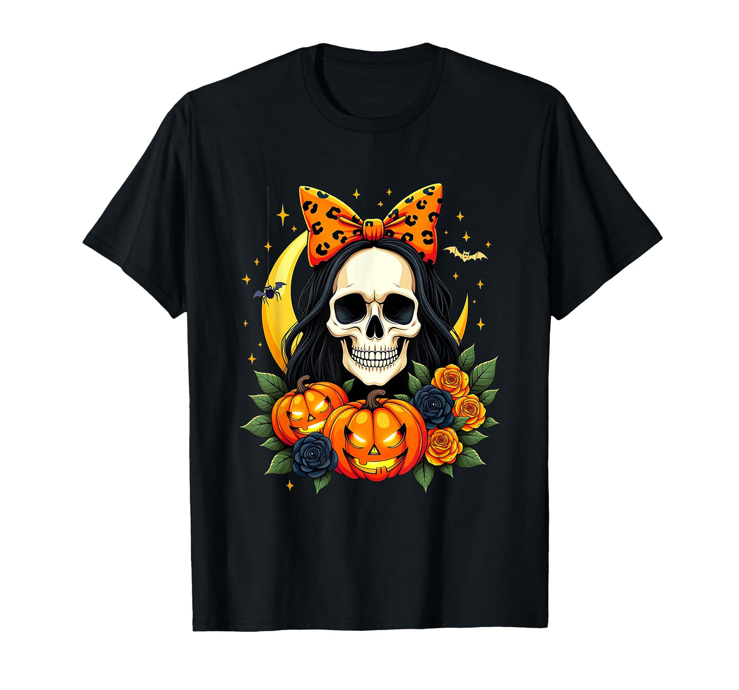 Skeleton Women Messy Bun Fall Autumn Skull Bow Halloween T-Shirt