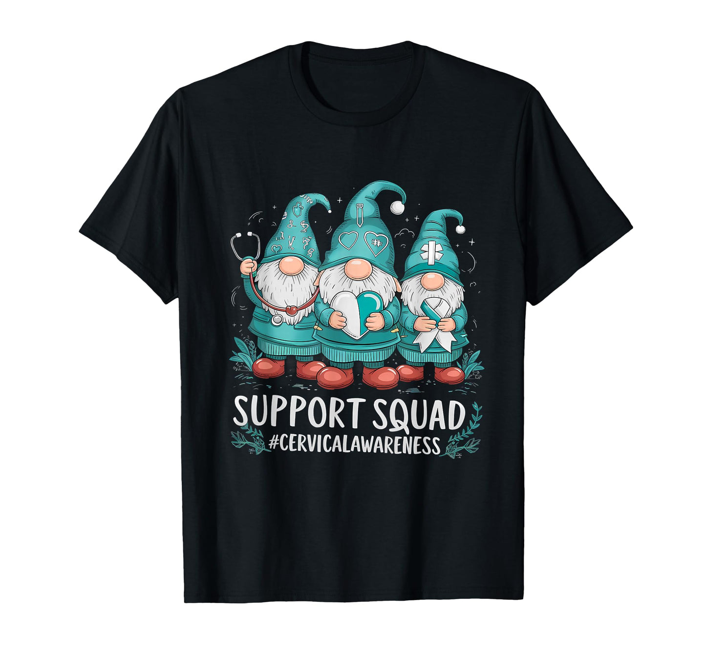 Cervical Cancer Awareness Teal Ribbon Gnome Support Squad T-Shirt